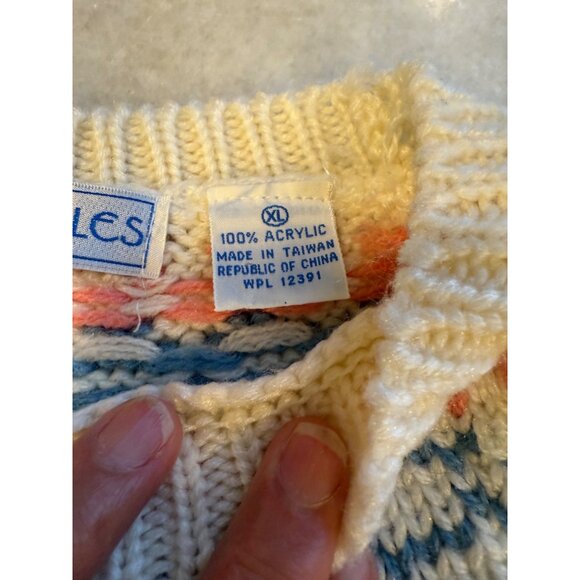 VTG Northern Isles XL Fair Isle Knit Sweater Cream Pink Hearts Warm Winter cozy - Picture 3 of 10